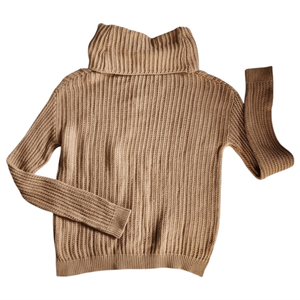 One Grey Day Tan Ribbed Cowl Neck Sweater Cotton Cashmere Blend, Size Large NEW
